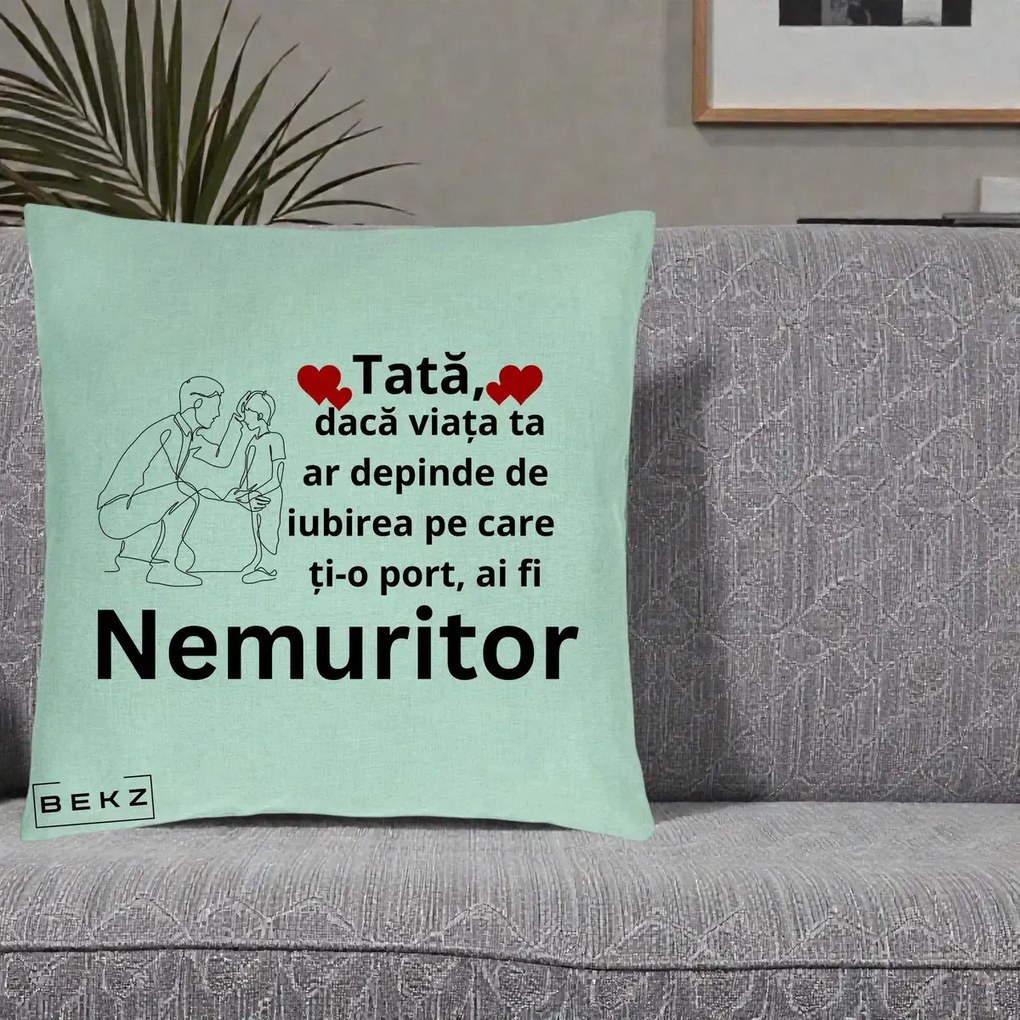 Cadou pentru Tata - Perna Personalizata Tata Nemuritor Baietel, 40x40 cm, Verde Menta, Husa Detasabila, Perna Inclusa, BEKZ®