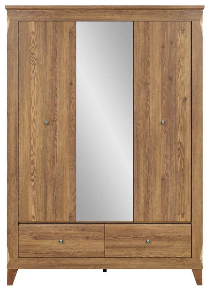 Dulap cu oglinda si 3 usi BERGEN Molid Auriu, 63 cm, 144 cm, 202 cm, Dulap cu trei usi si doua sertare