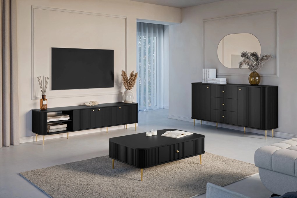 Comodă TV Vesper 3D 187 cm - negru / picioare aurii