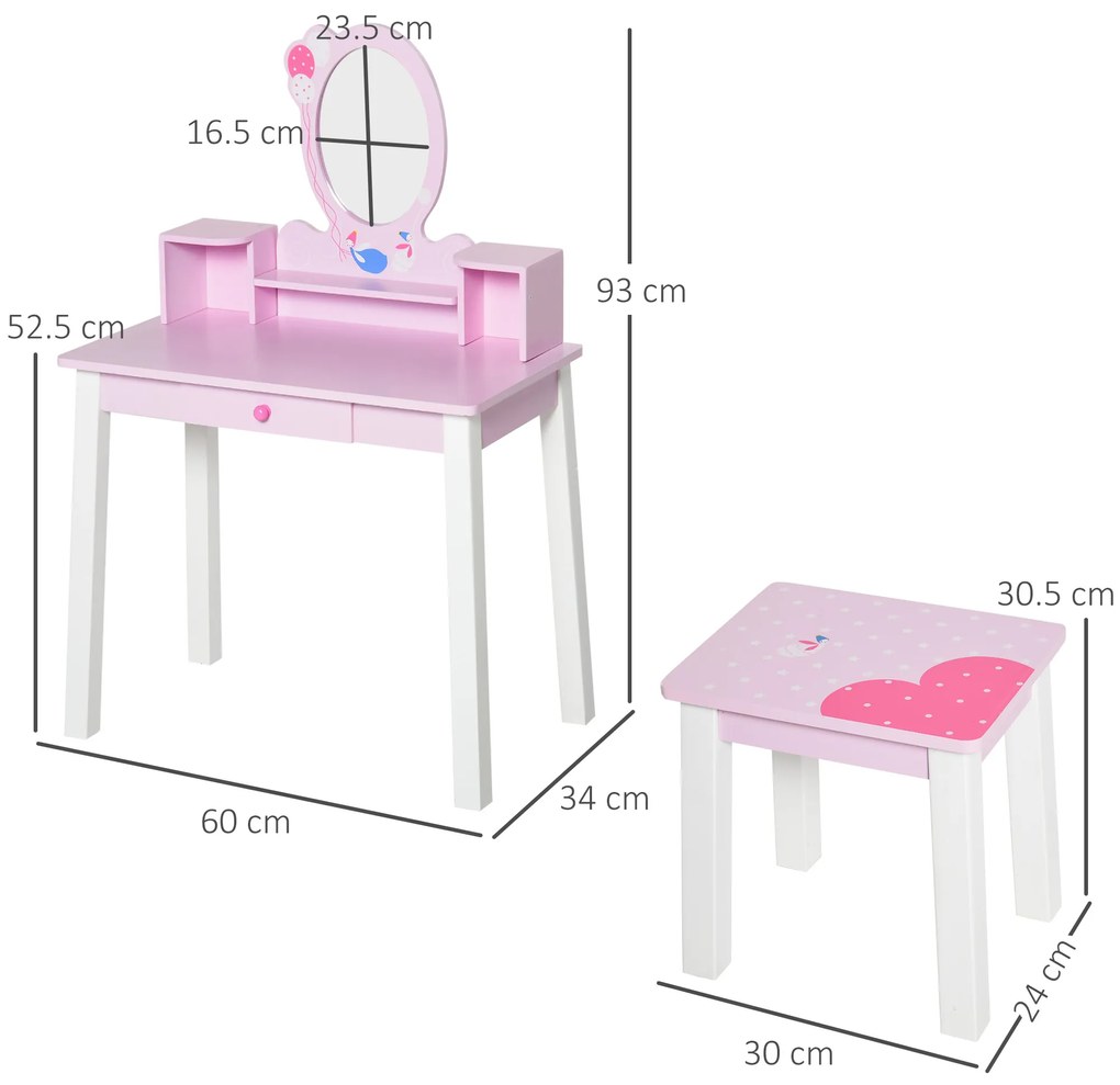 HOMCOM set masa de toaleta cu oglinda si scaun, masa de printese pentru copii, masa de machiaj | Aosom Romania