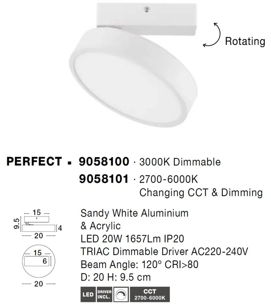 Spot LED aplicat tavan directionabil PERFECT alb 3000K Dimmable