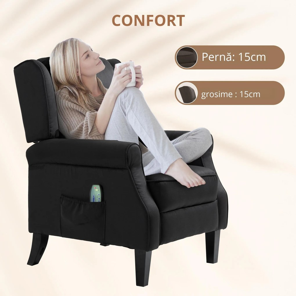 Fotoliu de Relaxare cu Masaj și Încălzire HOMCOM, Reclinabil, cu Telecomandă, 78x83x101cm, Negru | Aosom Romania