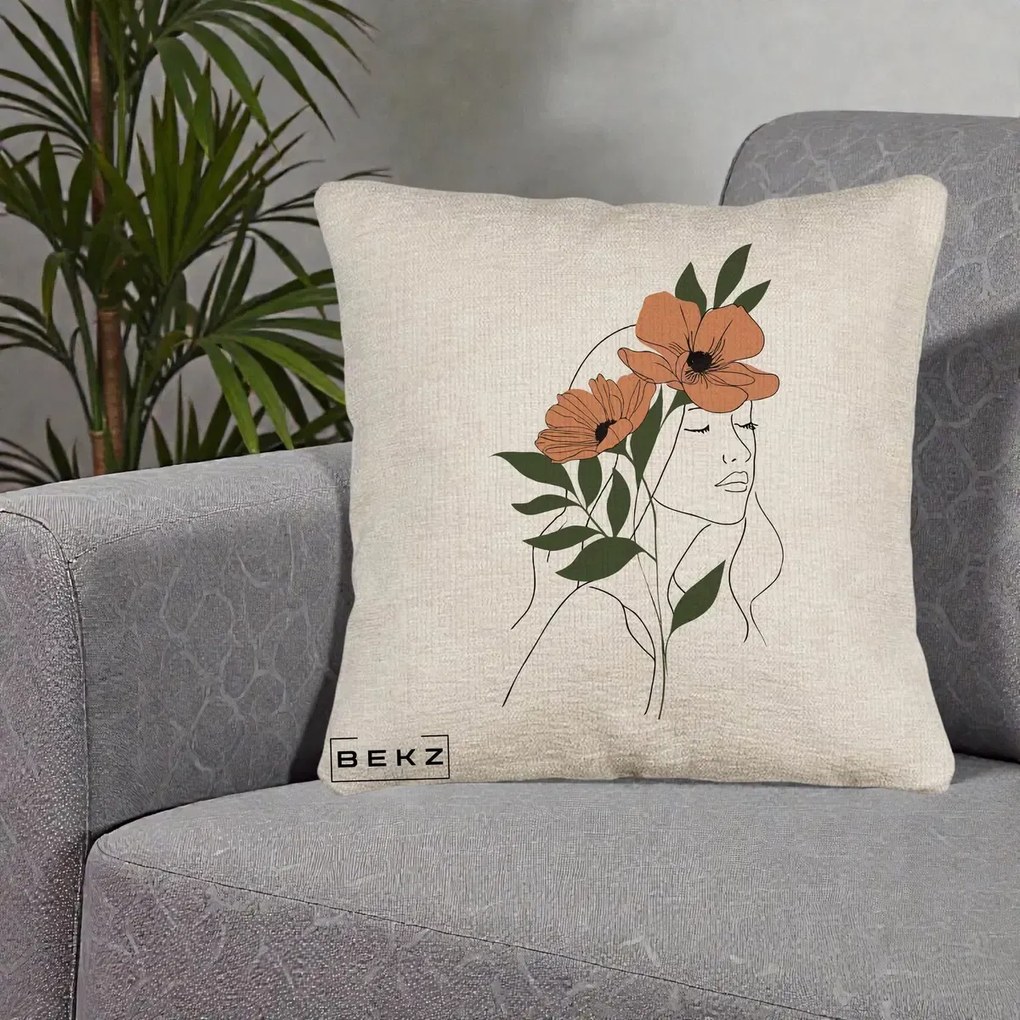 Perna Decorativa Portret Feminin Doua Maci Terracotta, 40x40 cm, Bej Canapea, Husa Detasabila, Perna Inclusa, BEKZ®