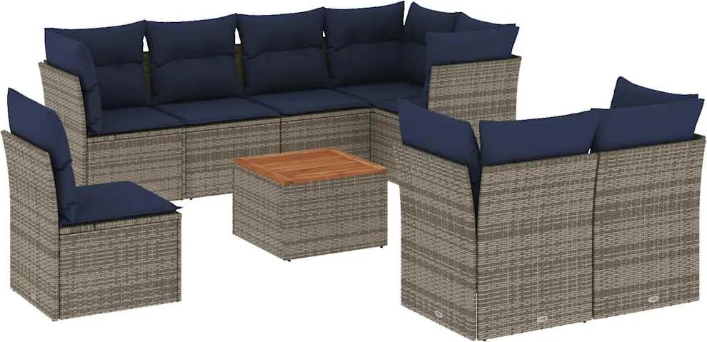 vidaXL Set canapele de grădină, 9 piese, cu perne, gri, poliratan