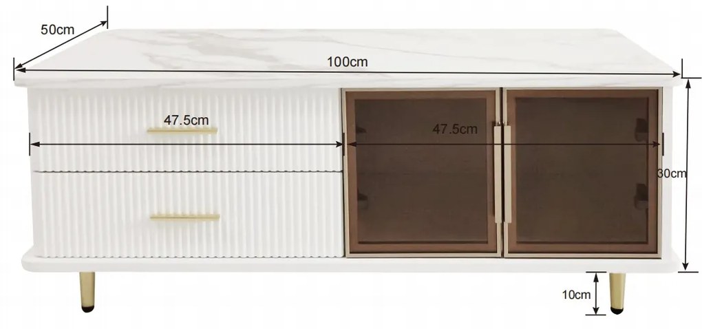 Măsuță de cafea modernă cu blat efect de marmură și ușă din sticlă temperată, sertare ondulate, mânere și picioare aurii, 100x50x40 cm, albă