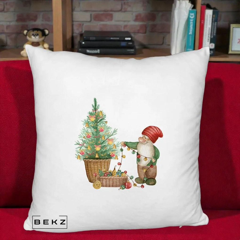 Perna Decorativa Pitic de Craciun cu Brad, 40x40 cm, Alb Pufos, Husa Detasabila, Perna Inclusa, BEKZ®