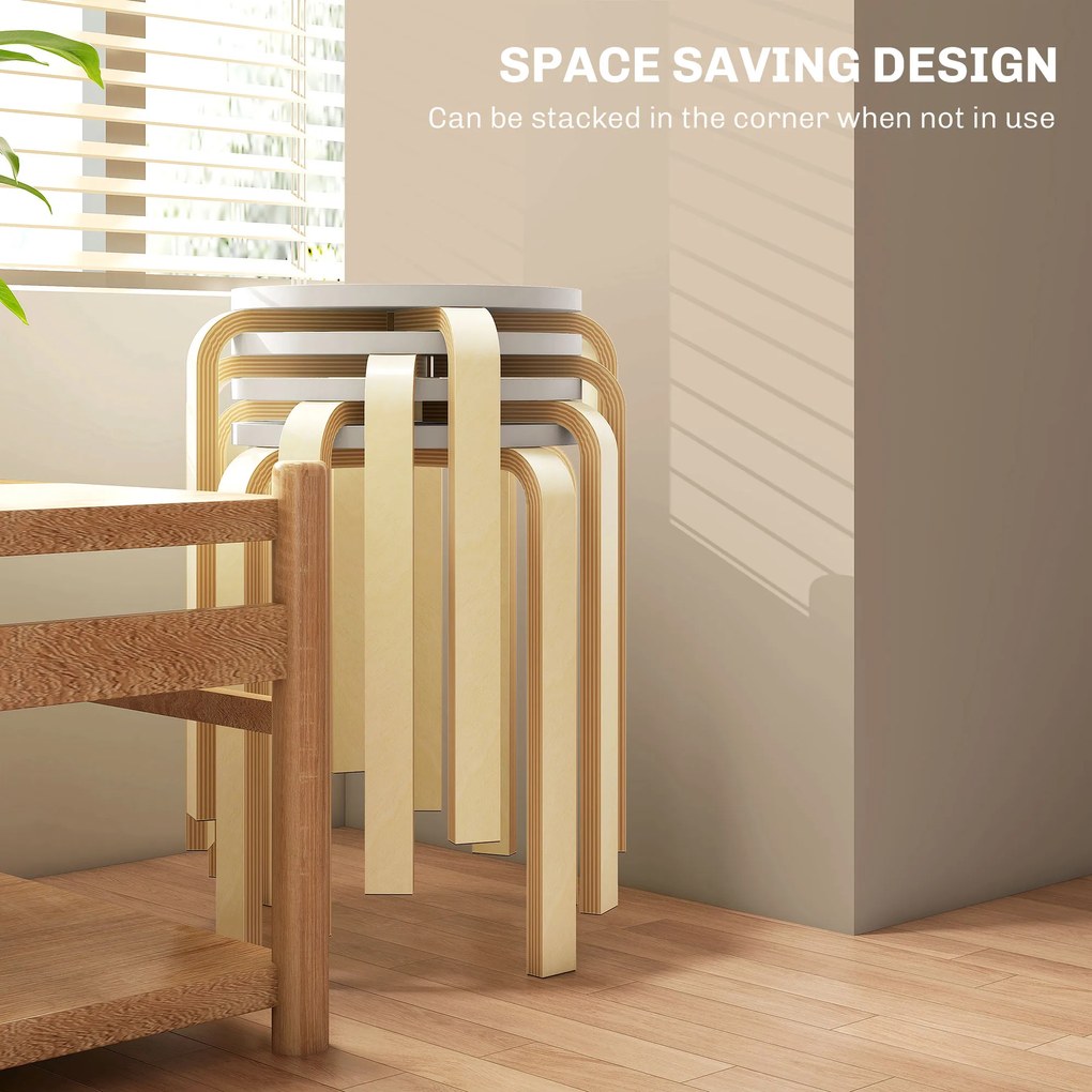 HOMCOM Set de Scaune Stivuibile pentru 4 Persoane, Scaune Moderne de Stivuire, Scaune Rotunde fără Spate, 40x40x45 cm, Lemn Natural | Aosom Romania