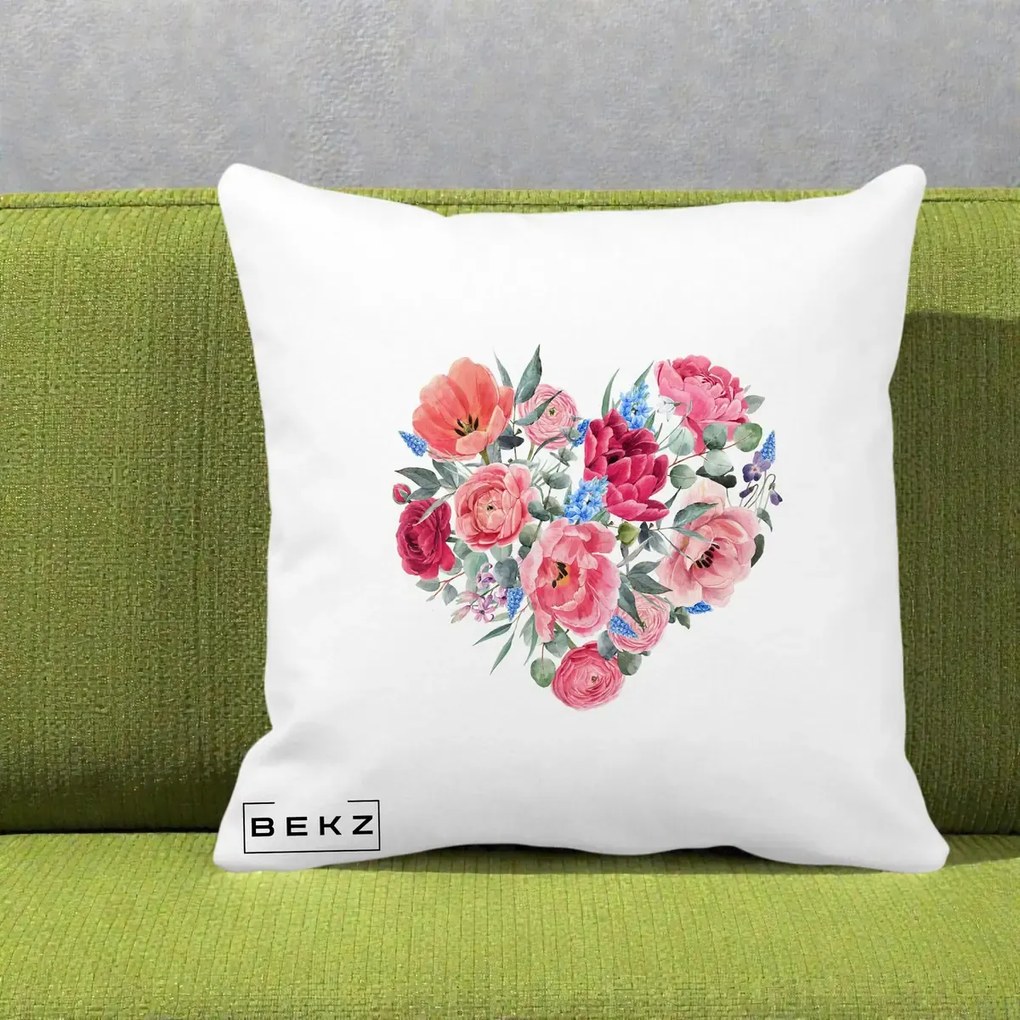 Perna Decorativa Inima din Bujori Acuarela, 40x40 cm, Alba Mata, Husa Detasabila, Perna Inclusa, BEKZ®