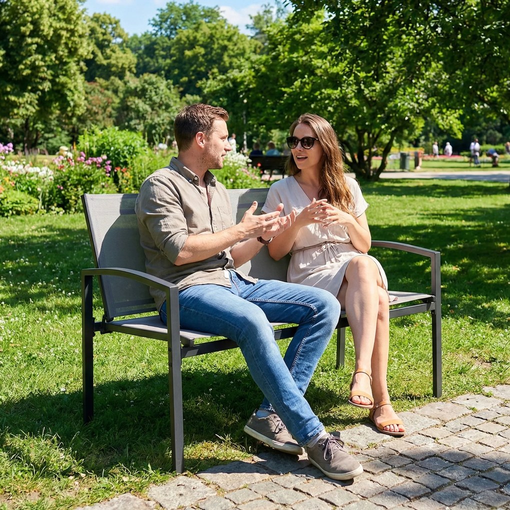 Outsunny bancă de grădină din metal, 2 locuri, material respirabil Texteline, culoare gri. | Aosom Romania