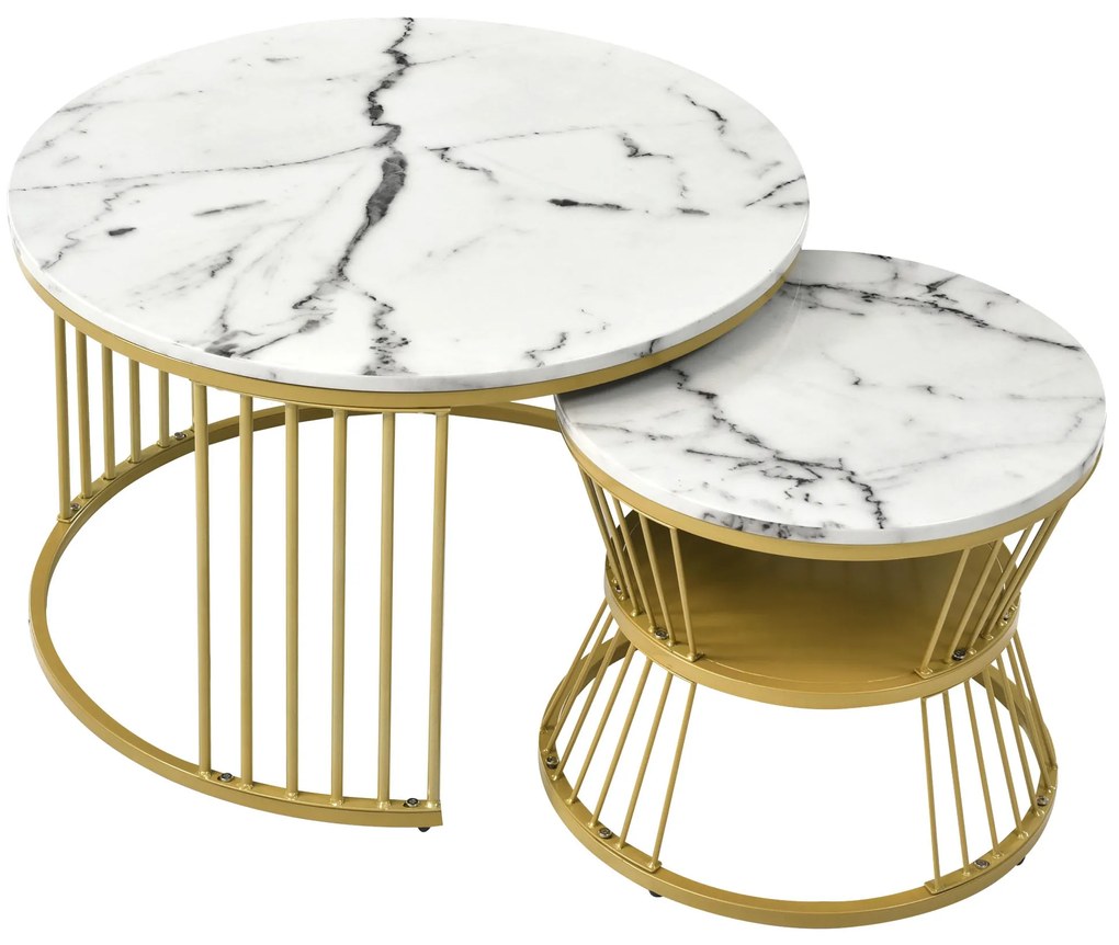 Set de 2 Măsuțe de Cafea Moderne, din MDF cu Finisaj Efect de Marmură și Structură Metalică Aurie, 70x70x47 cm și 45x45x40 cm, Alb