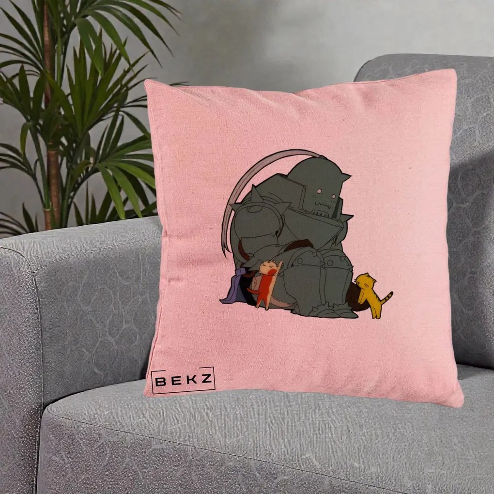 Perna Personalizata Fullmetal Alchemist Alphonse cu Pisici, 40x40 cm, Roz, Husa Detasabila, Perna Inclusa, BEKZ®