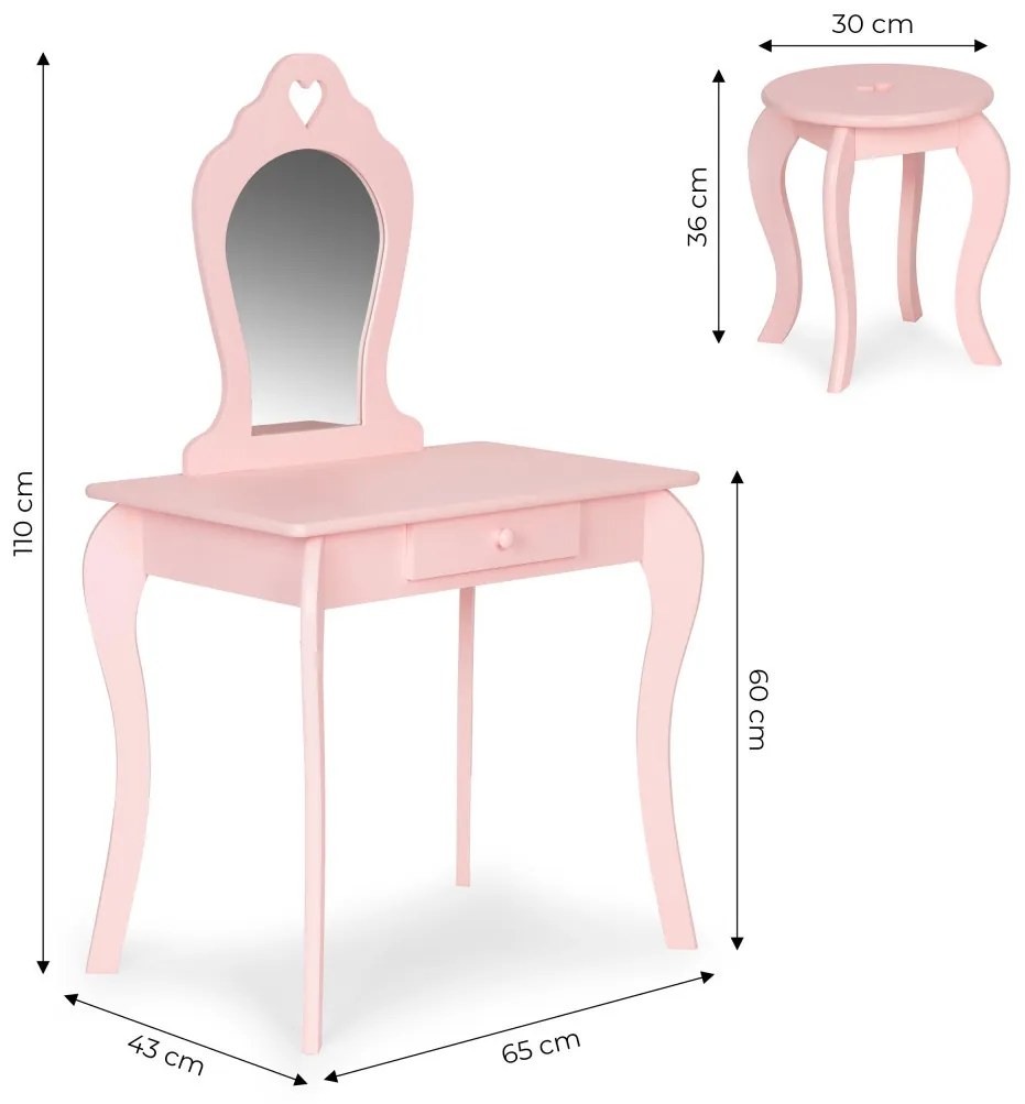 Masă de toaletă din lemn pentru copii cu oglindă roz
