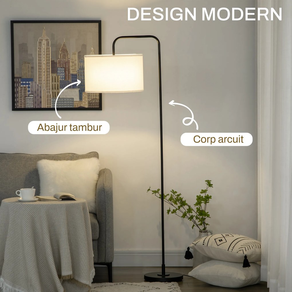 Homcom Lampadar Arcuit, Design Modern cu Abajur din Țesătură și Structură din Oțel, 64x38x163.5 cm, Alba și Neagră, pentru Interior | Aosom Romania