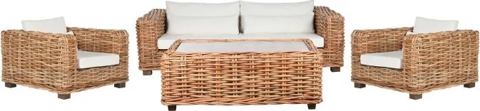 Set lounge exterior din rattan natural împletit, 4 piese cu canapea, 2 fotolii, măsuță și perne incluse, "Bahia"