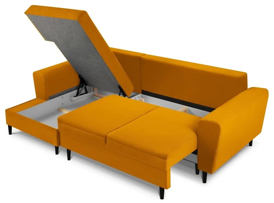 Colțar galben muștar extensibil, cu spațiu de depozitare cu tapițerie din catifea reiată (cu colț pe partea stângă, cu șezlong) Kyoto – Cosmopolitan Design