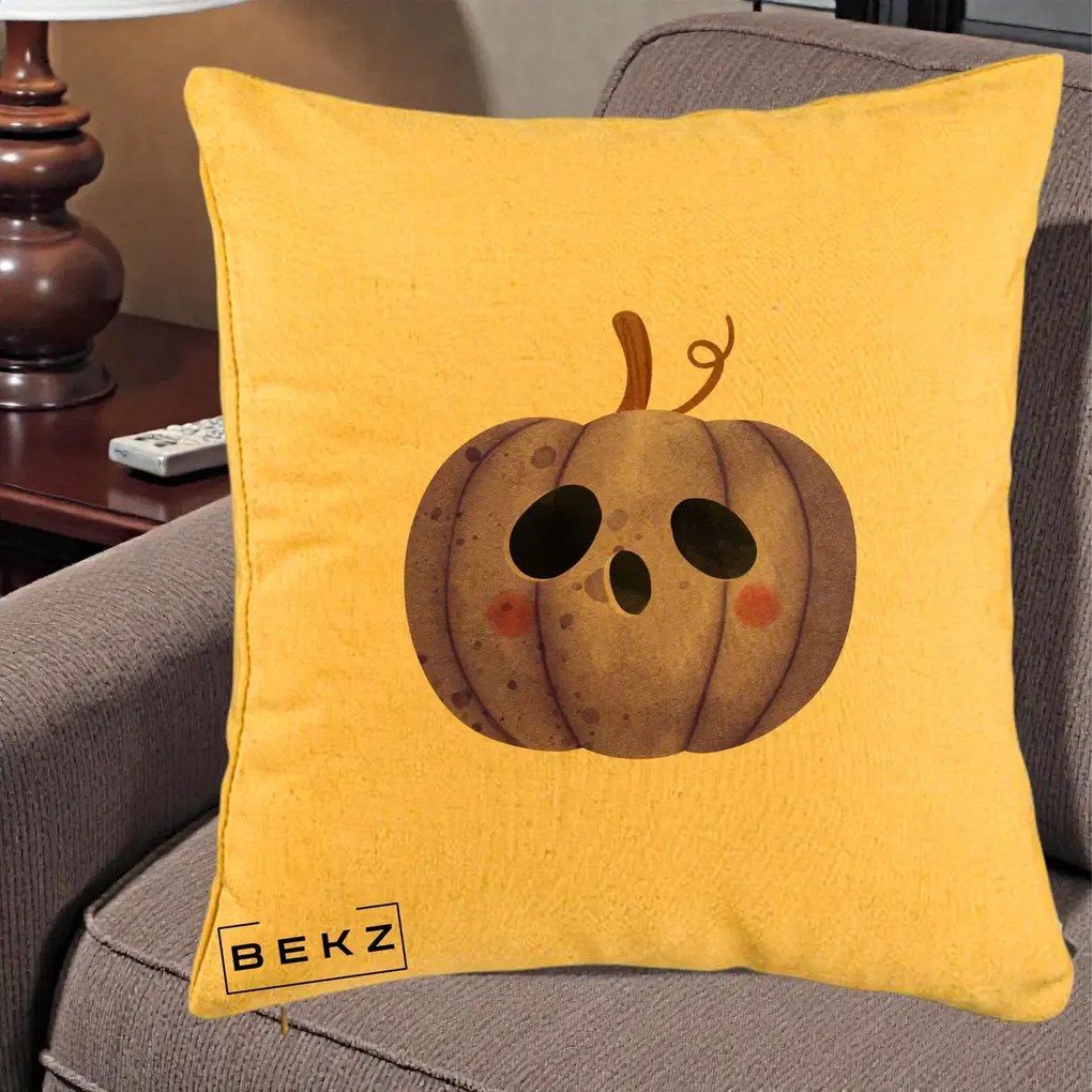 Perna Decorativa Dovleac Halloween Mov Kawaii, 40x40 cm, Galben, Husa Detasabila, Perna Inclusa, BEKZ®