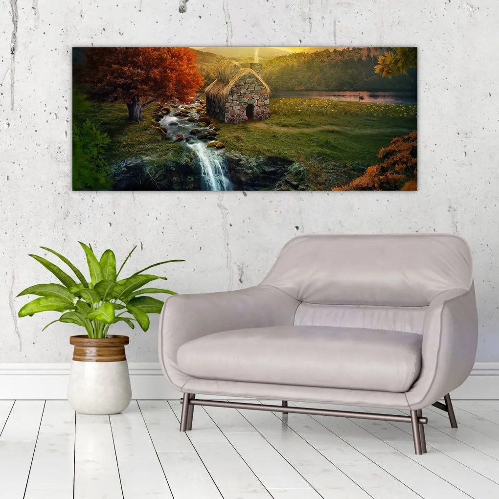 Tablou cu căbănuță în peisaj de poveste (120x50 cm)