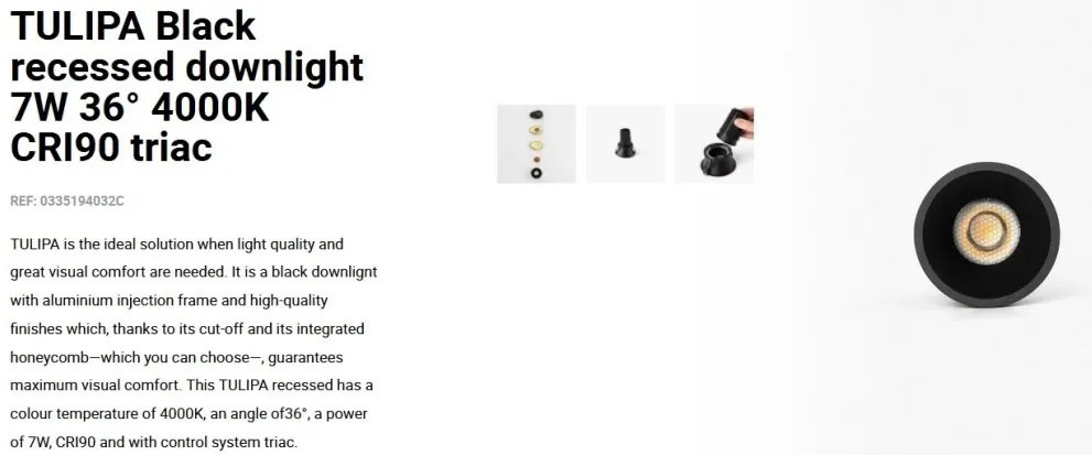 Spot LED incastrabil TULIPA Black recessed downlight 7W 36° 4000K CRI90 triac