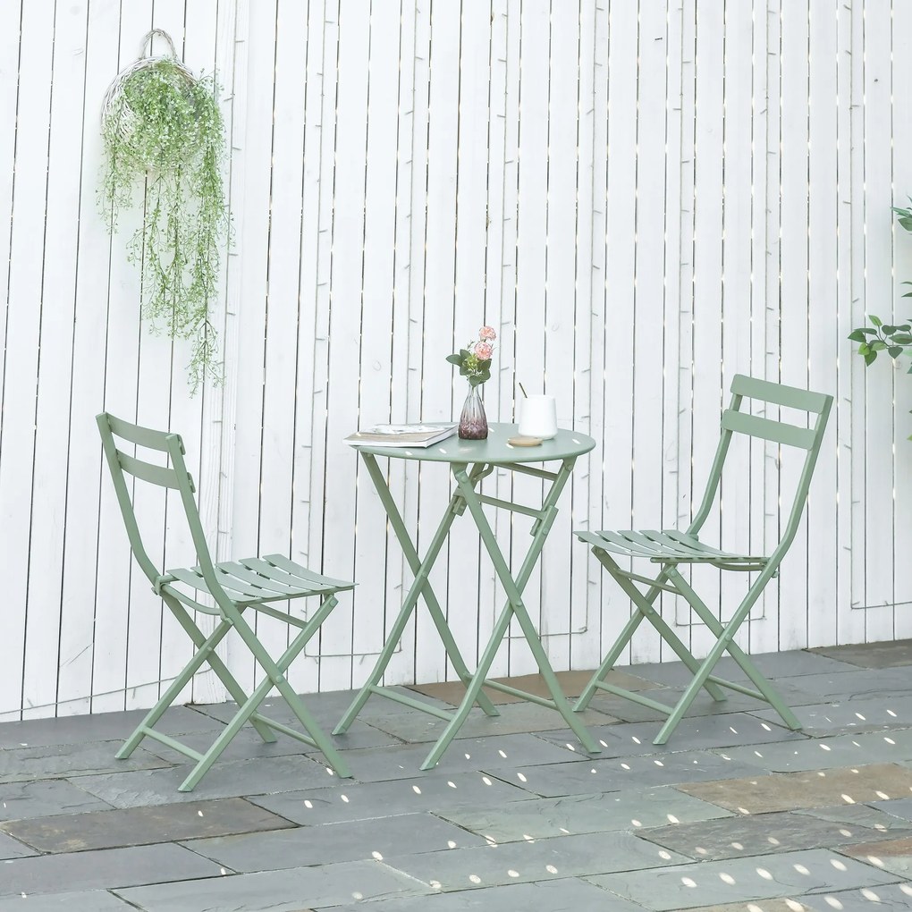 Outsunny Set de Gradina Pliabil de 3 Piese din Otel, 2 Scaune 42x50x81 cm si Masa de Gradina Ø60x71 cm, Verde