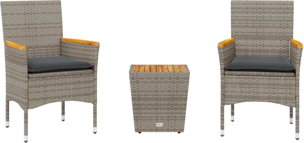 vidaXL Set bistro cu perne, 3 piese, gri, poliratan și sticlă