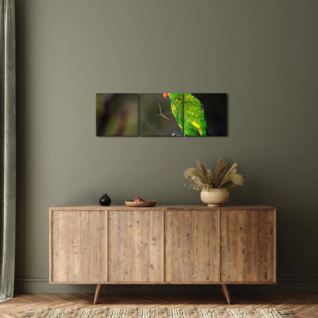 Tablou cu papagal pe greangă (cu ceas) (90x30 cm)