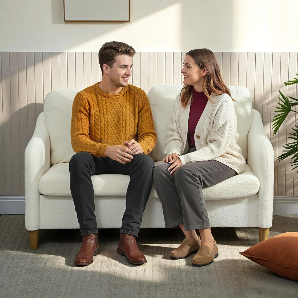 HOMCOM Divan 2 Locuri Imbottit în Sherpa cu Perne Detașabile, Picioare din Lemn de Eucalipt, Design Compact pentru Living, 137x69x82 cm, Crem | Aosom Romania