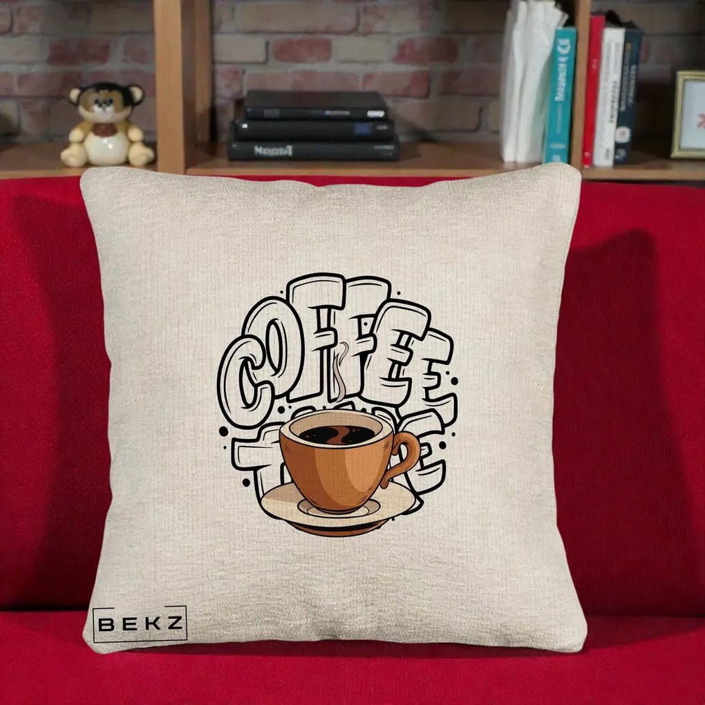 Perna Personalizata COFFEE cu Cana, 40x40 cm, Bej Canapea, Husa Detasabila, Perna Inclusa, BEKZ®