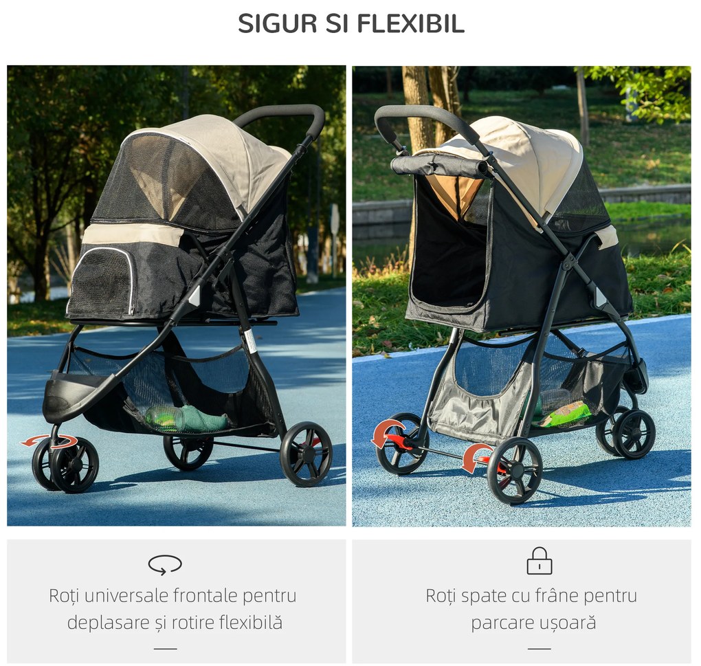 PawHut Cărucior pentru Câini cu 3 Roți, Cărucior Pliant cu Husă de Ploaie, Coș și Curea, 80,5x51,5x100 cm, Kaki | Aosom Romania