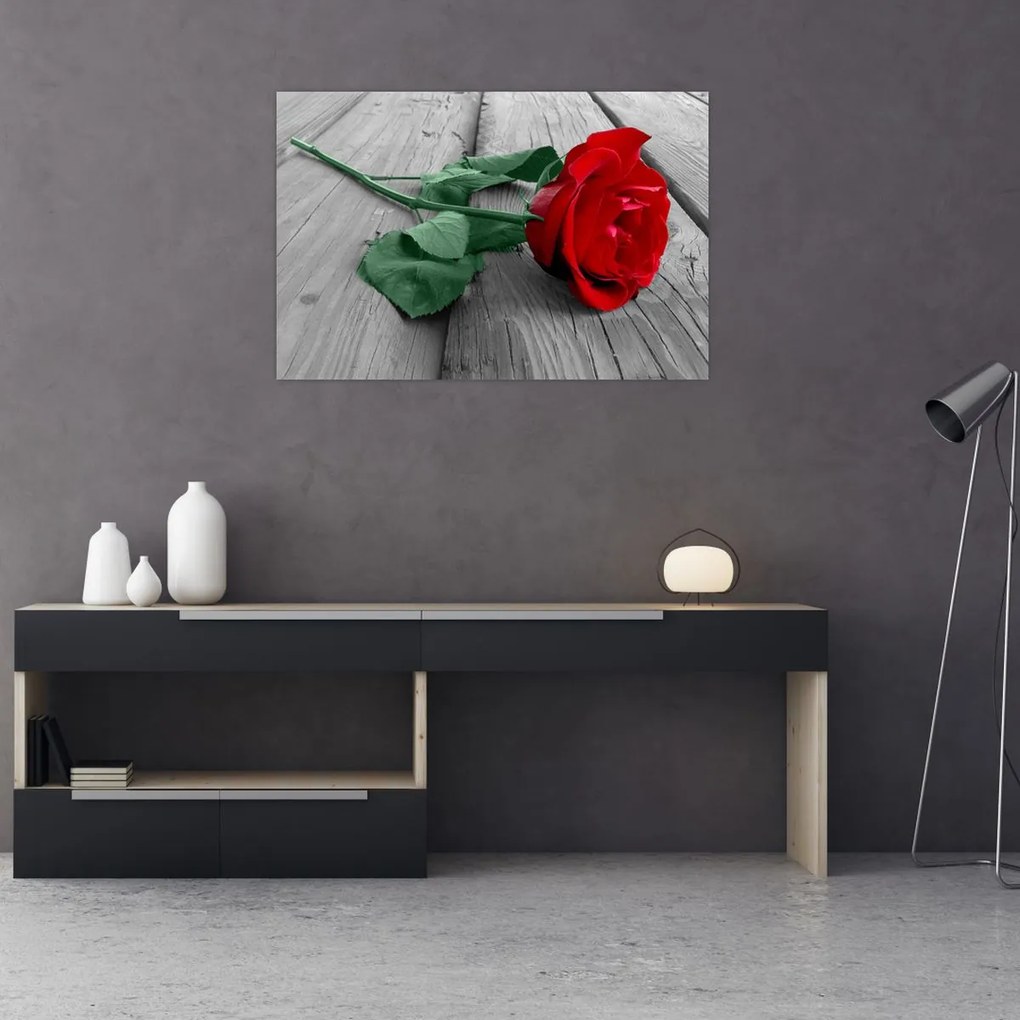 Tablou - Trandafir roșu cu tulpină verde (90x60 cm)