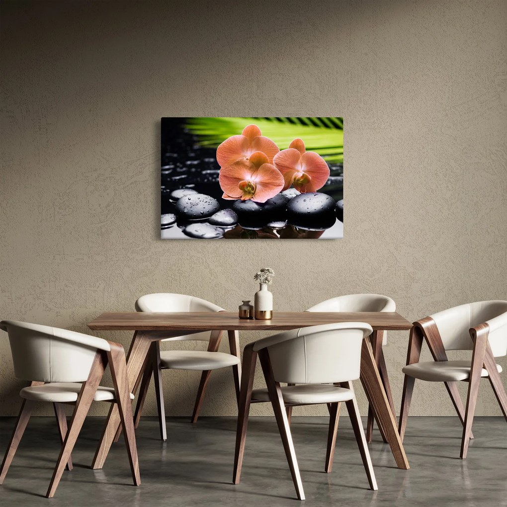 Tablou - Orhidee portocalie cu frunze de palmier (90x60 cm)