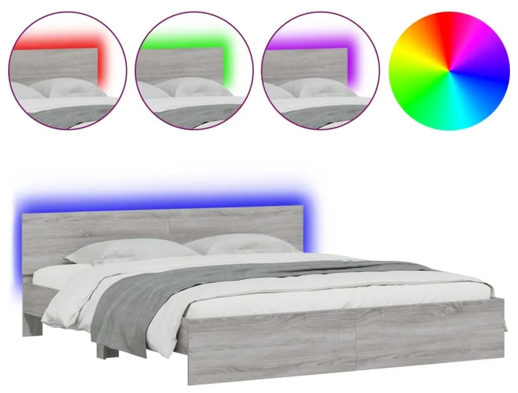 3207586 vidaXL Cadru de pat cu tăblie și LED, gri sonoma, 200x200 cm