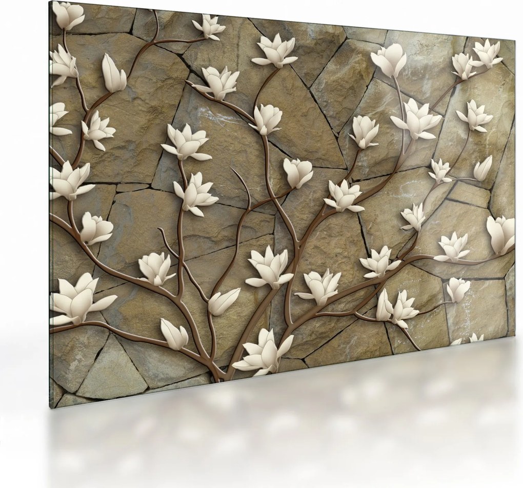 Tablou pe sticlă - Magnolii albe pe zidărie de piatră (70x50 cm)
