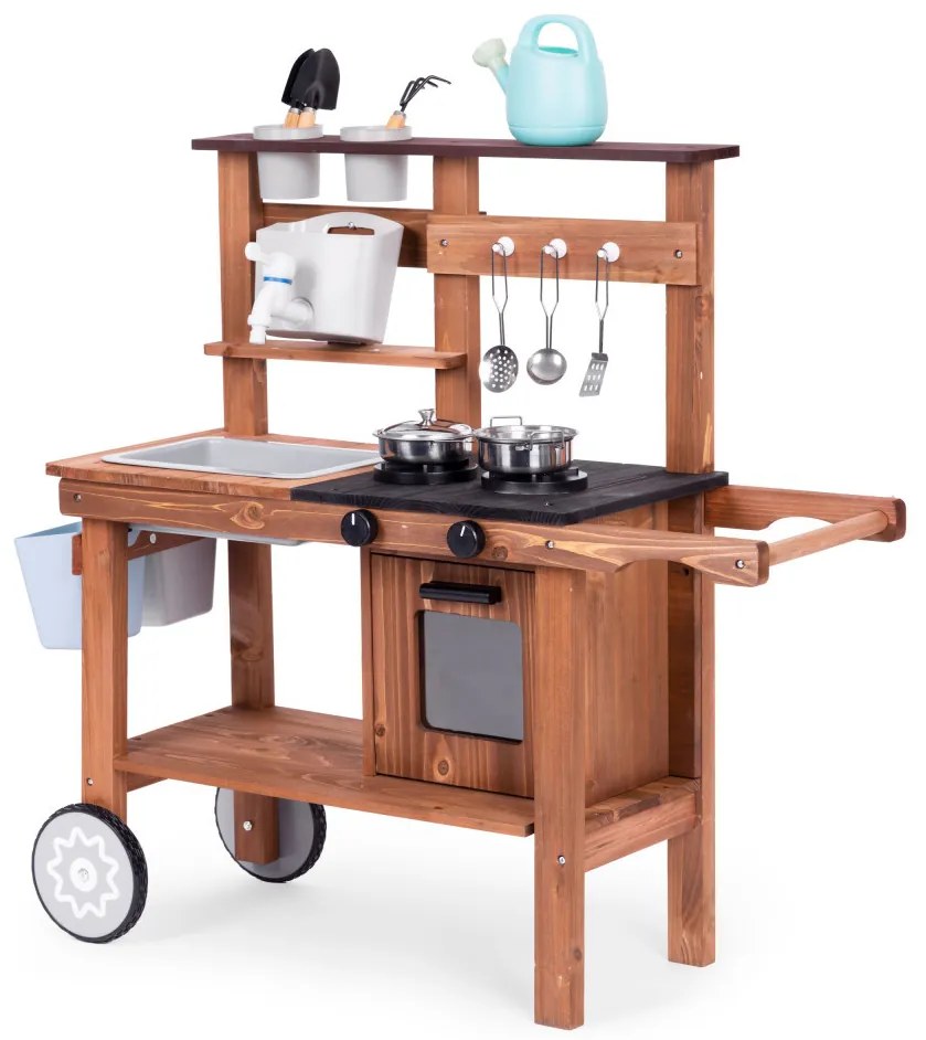 Bucătărie pentru copii în aer liber din lemn cu accesorii