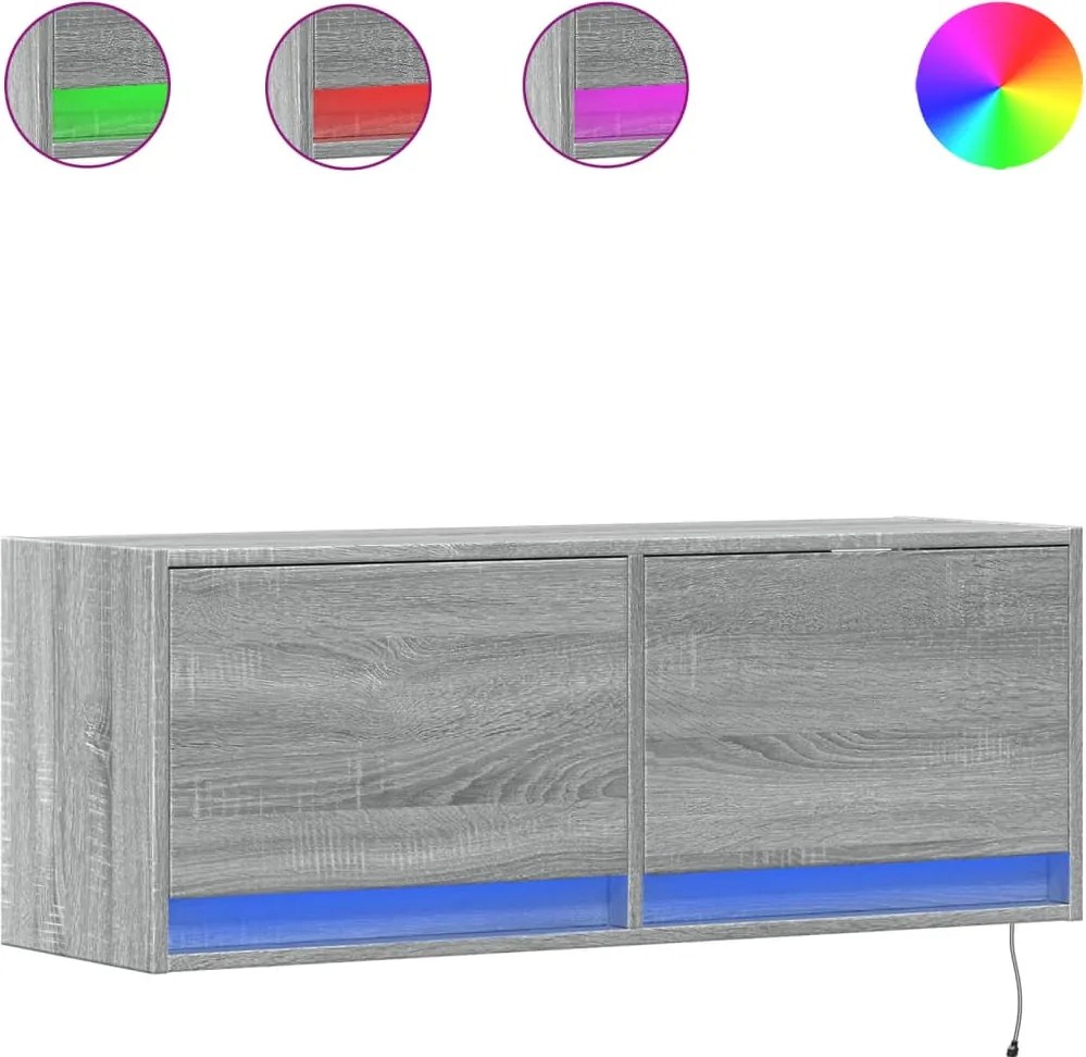 vidaXL Comodă TV de perete cu lumini LED, gri sonoma, 100x31x38 cm