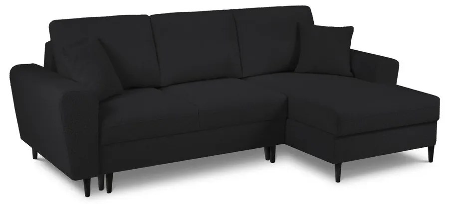 Colțar negru extensibil, cu spațiu de depozitare cu tapițerie din țesătură bouclé (cu colț pe partea dreaptă, cu șezlong) Kyoto – Cosmopolitan Design