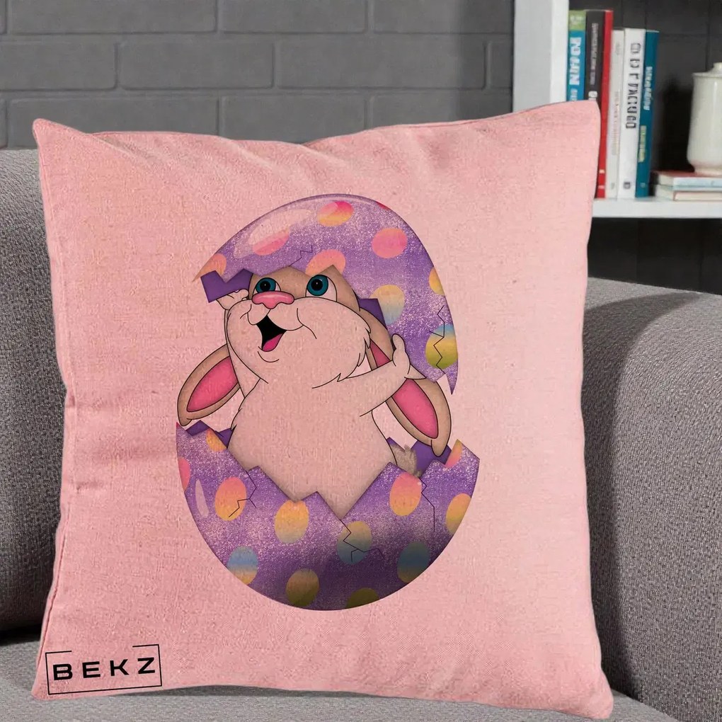 Perna Decorativa Iepuras din Ou de Pasti, 40x40 cm, Roz, Husa Detasabila, Perna Inclusa, BEKZ®