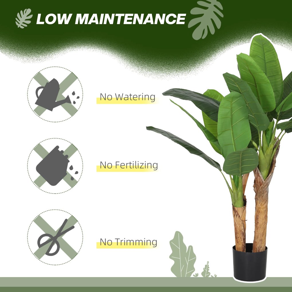 HOMCOM Plantă Artificială de Bananier cu Ghiveci, 2 Trunchiuri și 15 Frunze, Ø17x120 cm, Verde | Aosom Romania