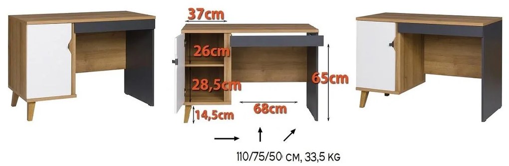 Masă PC Mimone PC (Stejar auriu + Alb mat + grafit). 1051786
