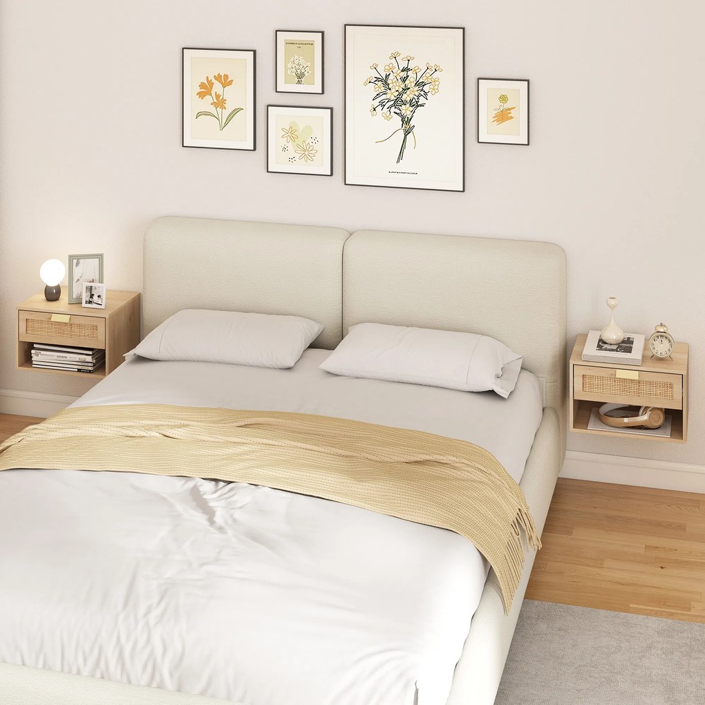 HOMCOM Set de 2 Noptiere Suspendate cu Sertar din Ratan Raft Deschis Economisire Spațiu 40x30x25 cm Stejar | Aosom Romania