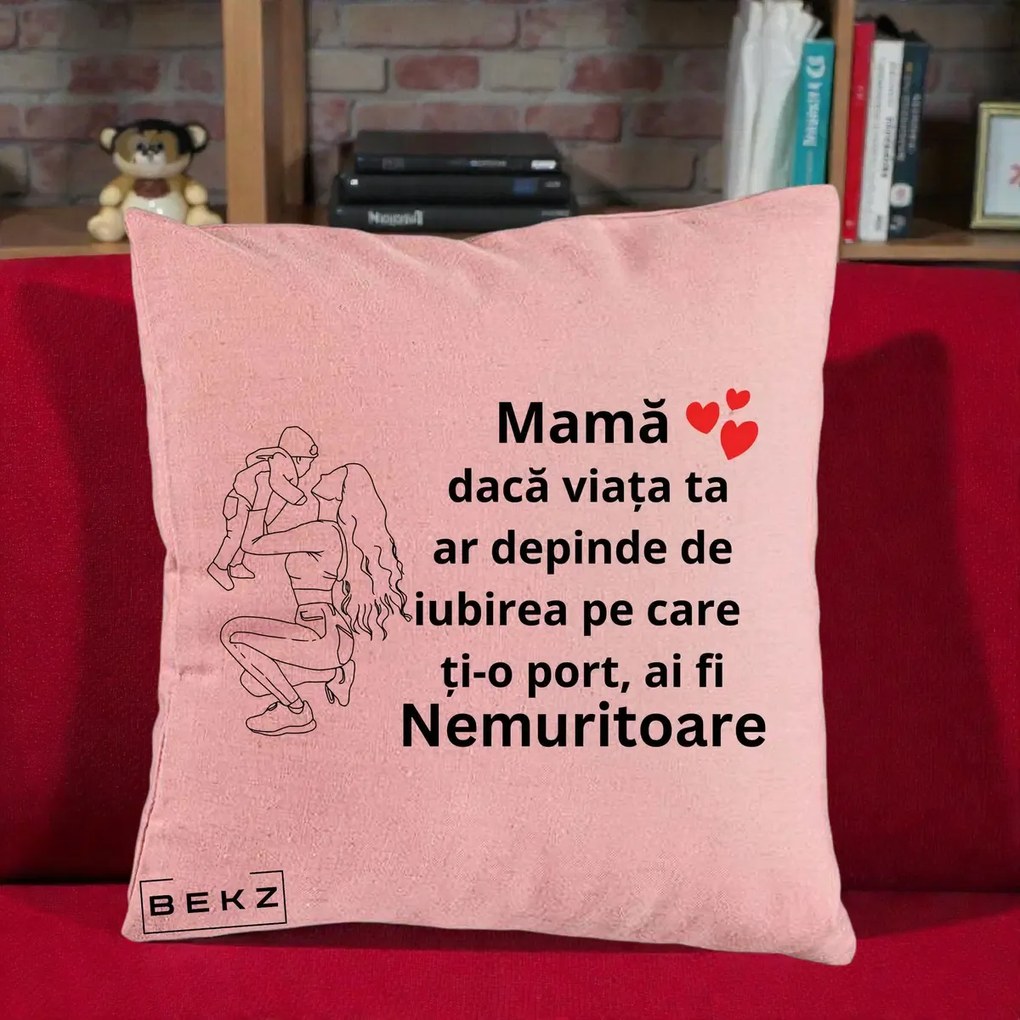 Cadou pentru Mama - Perna Personalizata Mama Nemuritoare Portret Graphic, 40x40 cm, Roz, Husa Detasabila, Perna Inclusa, BEKZ®