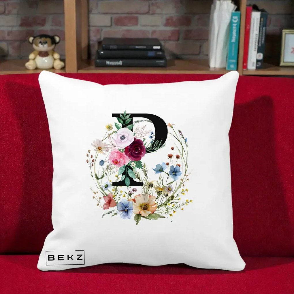 Cadou Personalizat - Perna Personalizata Monogram Litera P cu Flori Acuarela, 40x40 cm, Alba Mata, Husa Detasabila, Perna Inclusa, BEKZ®