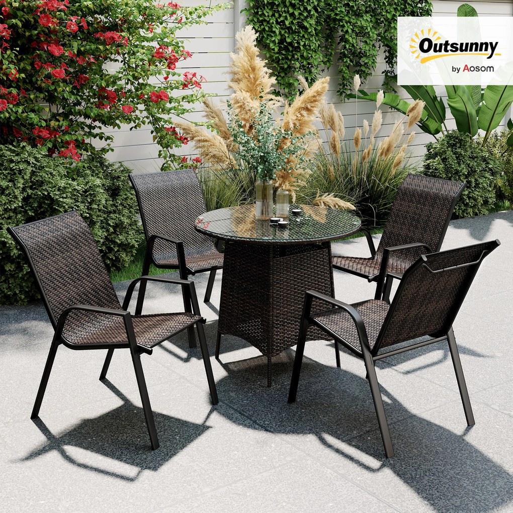 Outsunny Set de 4 scaune de grădină empilabile, fotoliu de exterior cu brațe și acoperământ din rășină țesută maro | Aosom Romania