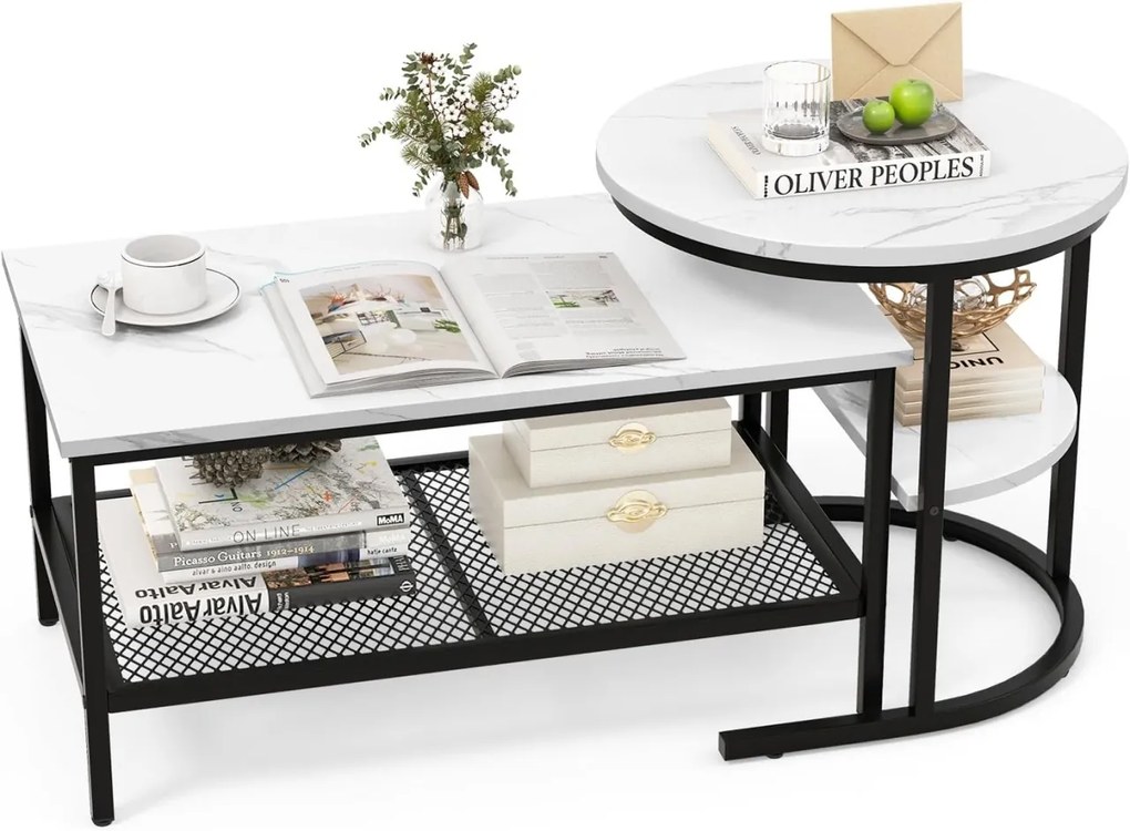 MCAU19 - Set 2 masute de cafea 80 cm si 52 cm, mese pentru living - Alb - Negru / Auriu