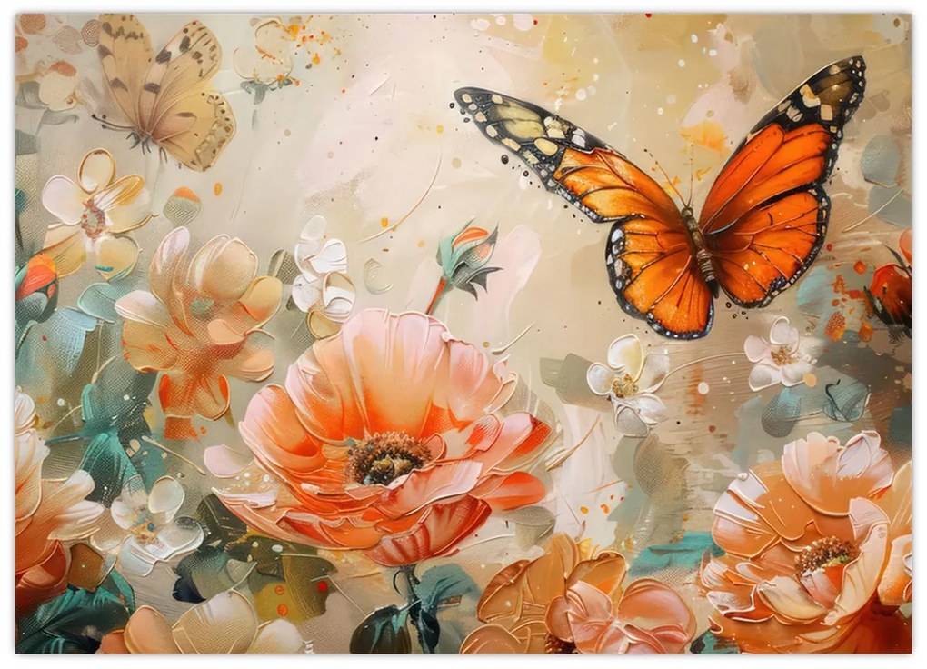 Tablou pe sticlă - Fluture și flori, pictură în ulei (70x50 cm)