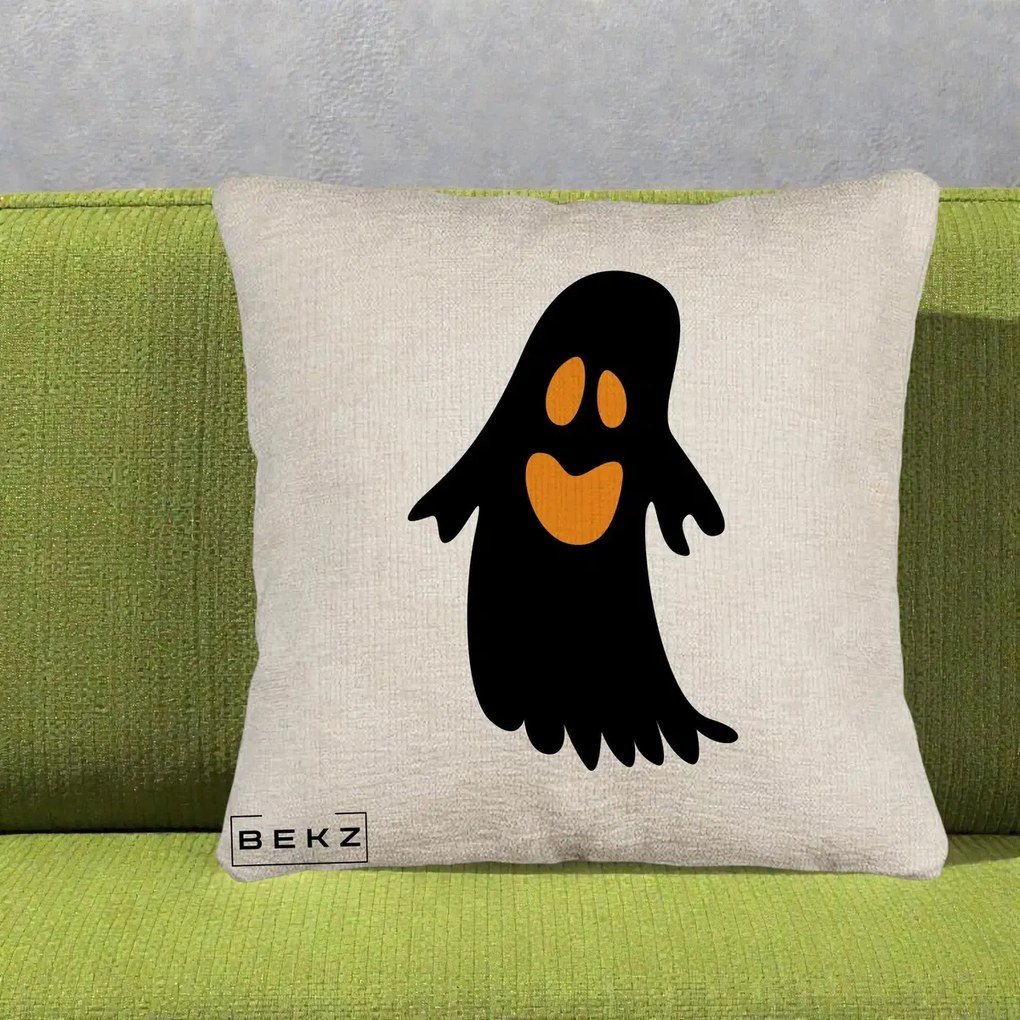 Perna Decorativa Halloween Fantoma Neagra cu Ochi Portocalii, 40x40 cm, Bej Canapea, Husa Detasabila, Perna Inclusa, BEKZ®
