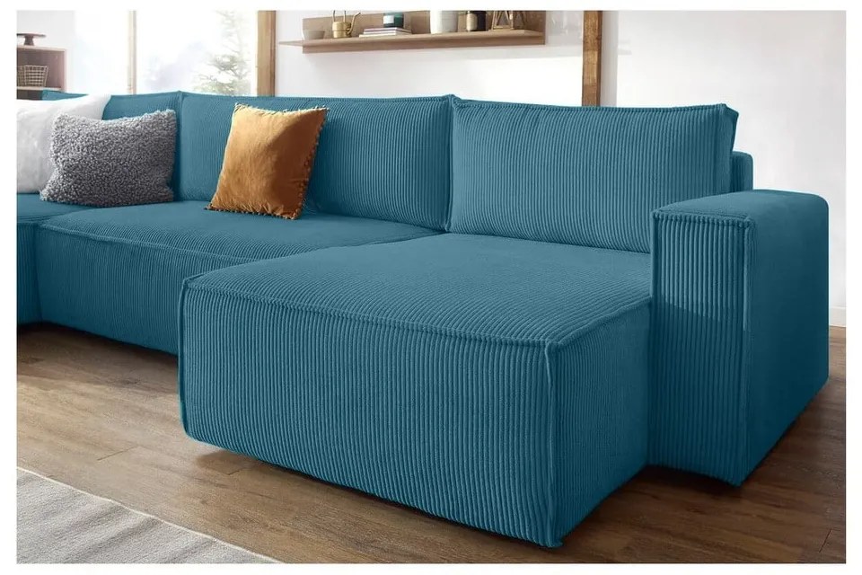 Colțar turcoaz extensibil cu tapițerie din catifea reiată Nihad – Bobochic Paris