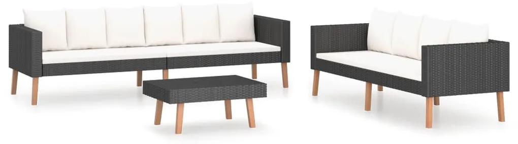 Set mobilier de gradina cu perne, 3 piese, negru, poliratan Negru, 3 persoane + 2 persoane + masa, 1