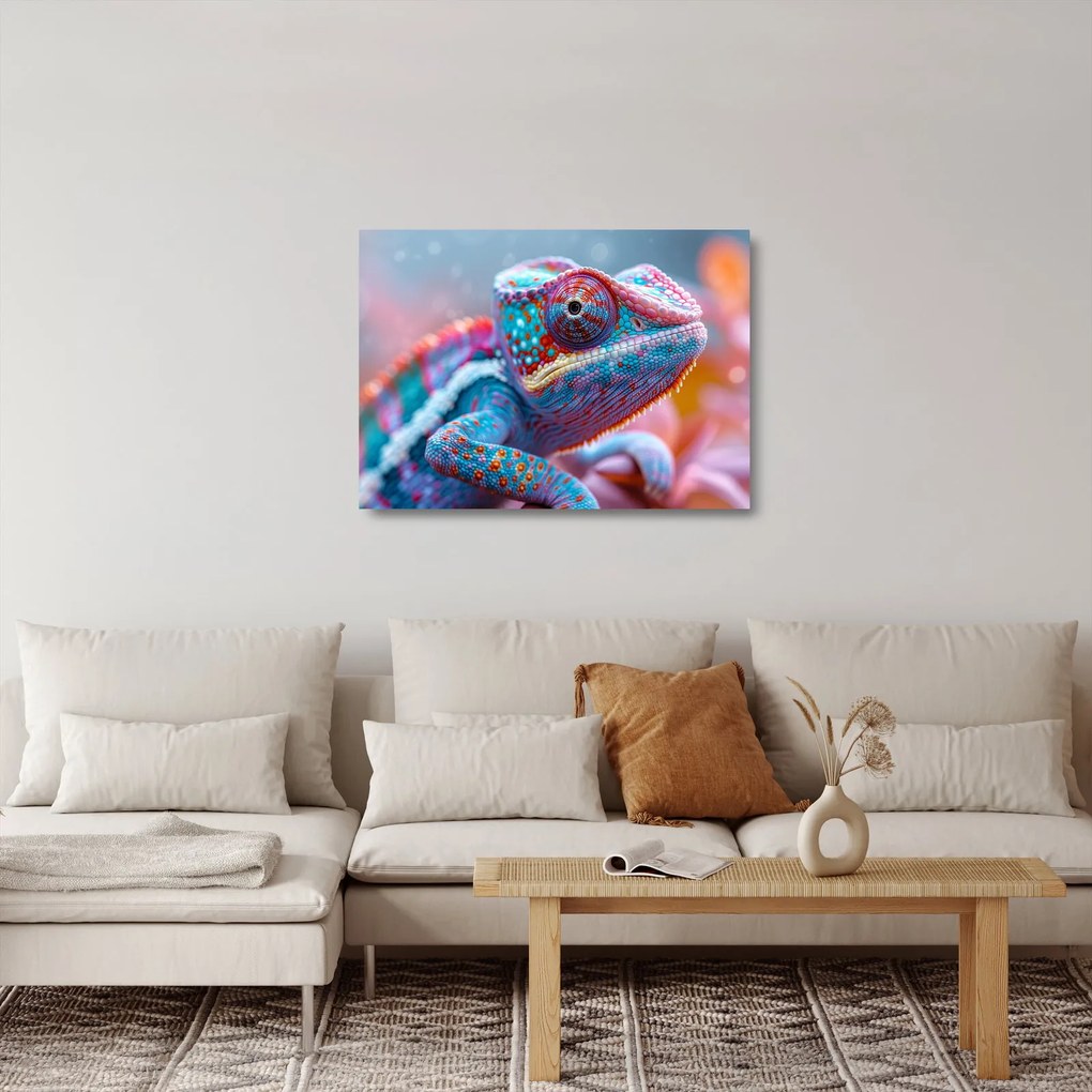 Tablou pe sticlă - Cameleon colorat (70x50 cm)