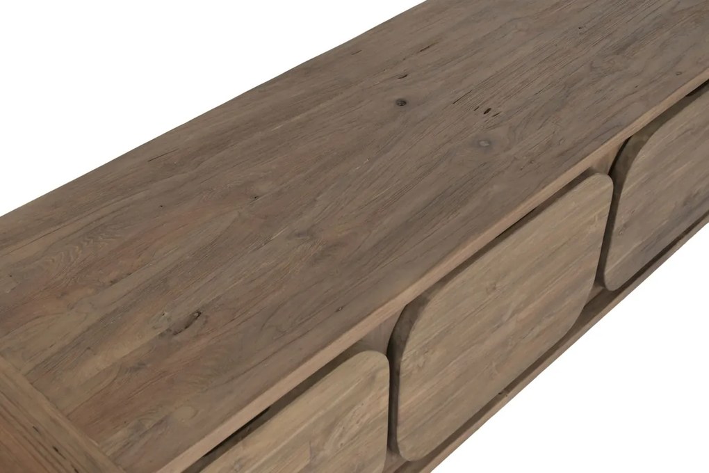 Comodă TV lungă din lemn de tec reciclat, maro, cu 4 sertare și picioare metalice, aspect rustic, 50 x 200 x 45 cm, „Granville”