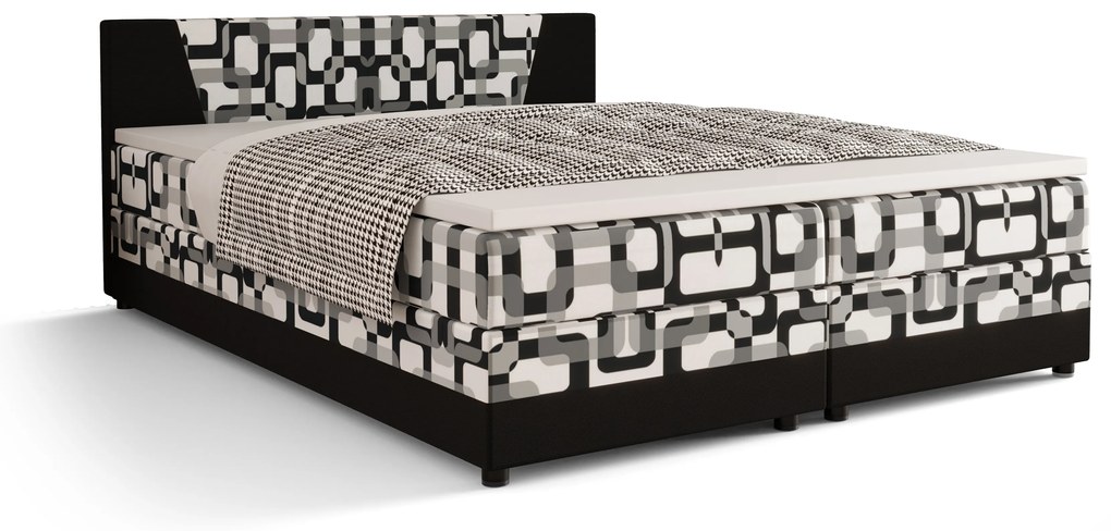 Pat matrimonial Boxspring 140 cm Linda Comfort (Motiv + Negru) (cu saltea și sp. depozitare). 1056050